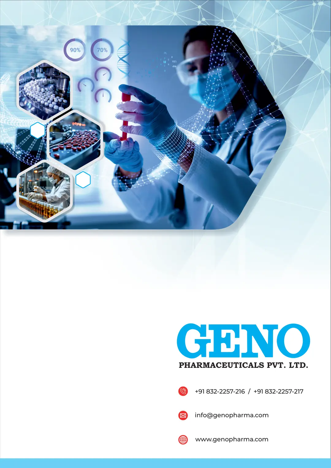 Geno Pharmaceuticals Pvt. Ltd. brochure cover with contact details